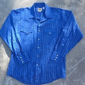 vintage‎ ely plains pearl snap shirt Men's L Blue Gold And Silver Pin Striped...